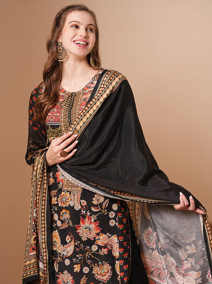 Ethnic Printed & Hand Embroidered Straight Kurta with Pant & Dupatta - Black