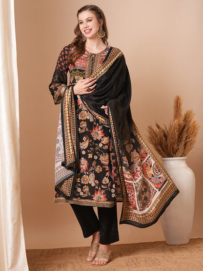 Ethnic Printed & Hand Embroidered Straight Kurta with Pant & Dupatta - Black