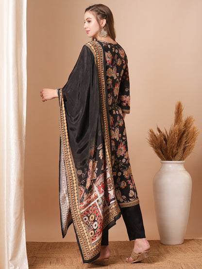 Ethnic Printed & Hand Embroidered Straight Kurta with Pant & Dupatta - Black