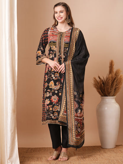 Ethnic Printed & Hand Embroidered Straight Kurta with Pant & Dupatta - Black