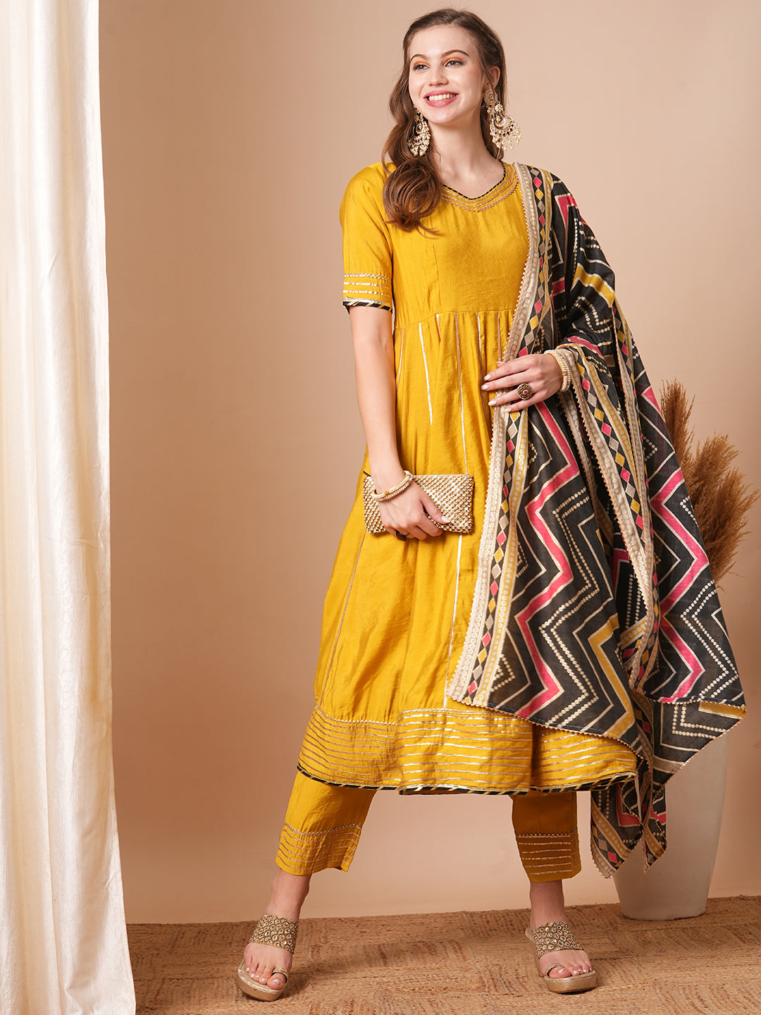 Solid Ethnic Embroidered Anarkali Flared Kurta with Pant and Printed Dupatta - Yellow