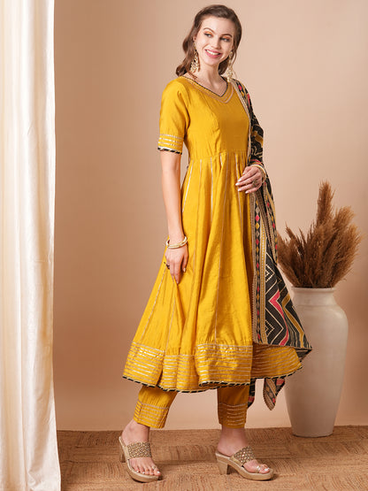 Solid Ethnic Embroidered Anarkali Flared Kurta with Pant and Printed Dupatta - Yellow