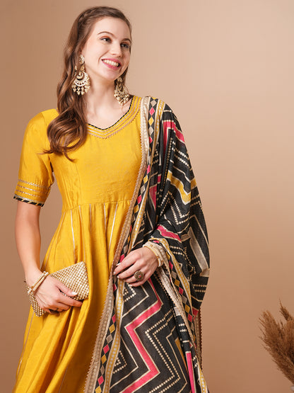 Solid Ethnic Embroidered Anarkali Flared Kurta with Pant and Printed Dupatta - Yellow