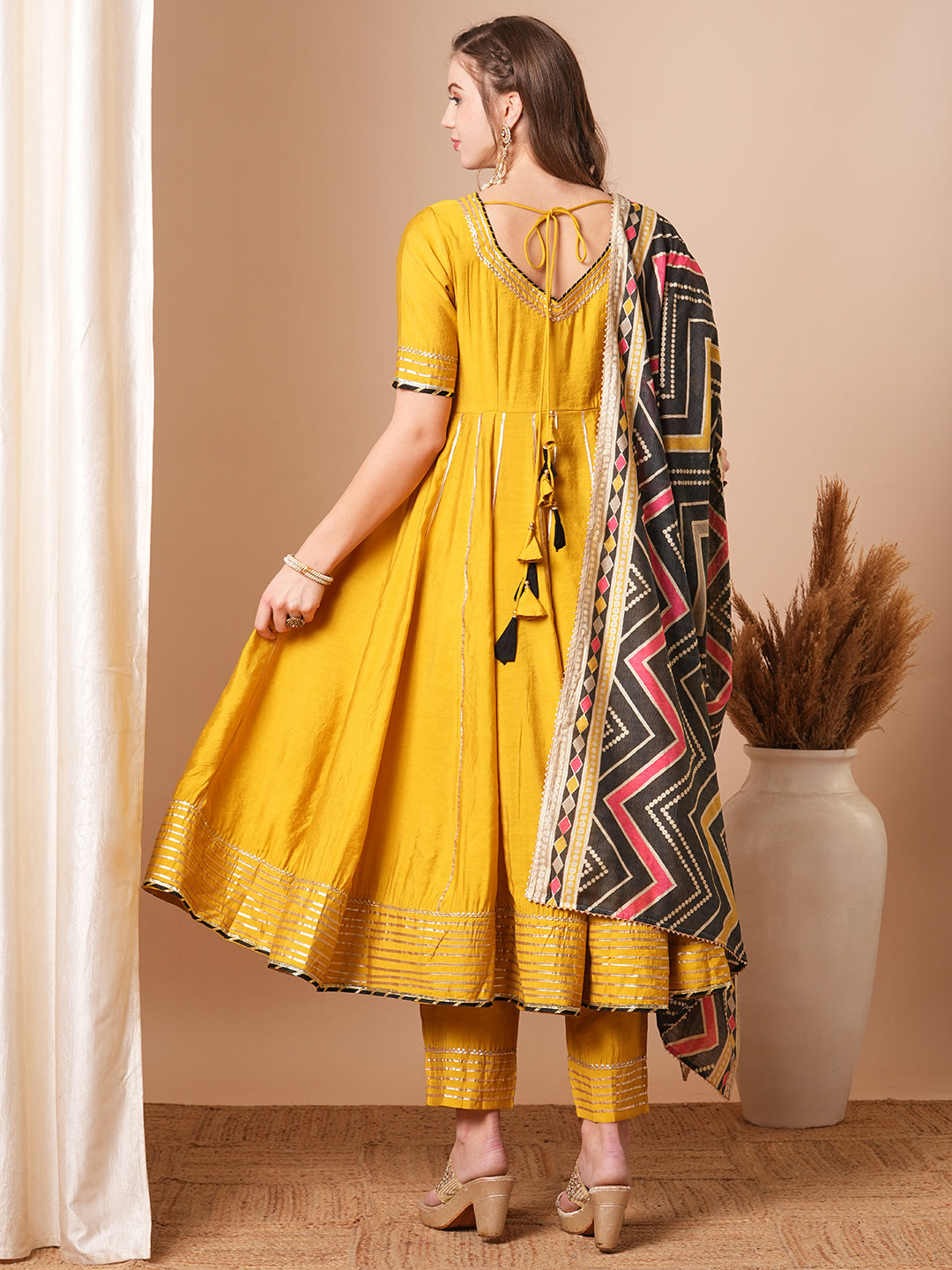 Solid Ethnic Embroidered Anarkali Flared Kurta with Pant and Printed Dupatta - Yellow