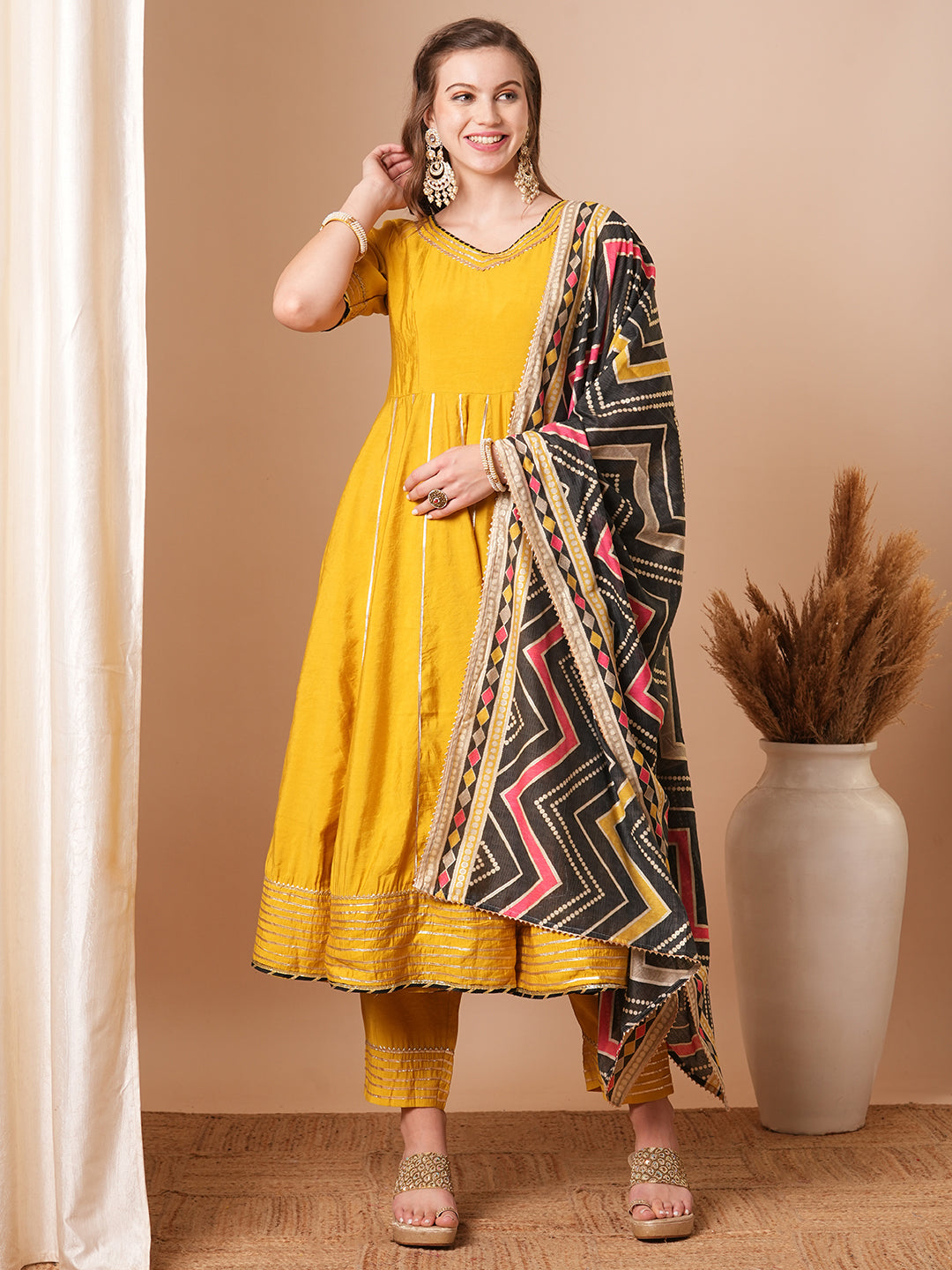 Solid Ethnic Embroidered Anarkali Flared Kurta with Pant and Printed Dupatta - Yellow