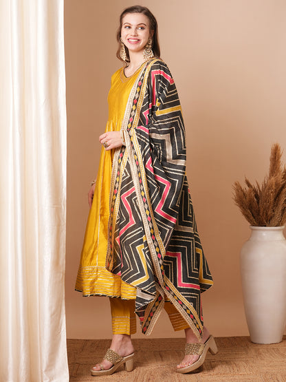 Solid Ethnic Embroidered Anarkali Flared Kurta with Pant and Printed Dupatta - Yellow