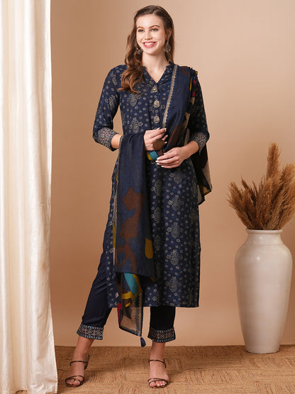 Ethnic Foil Printed & Embroidered Straight Fit Kurta with Pant & Dupatta - Blue