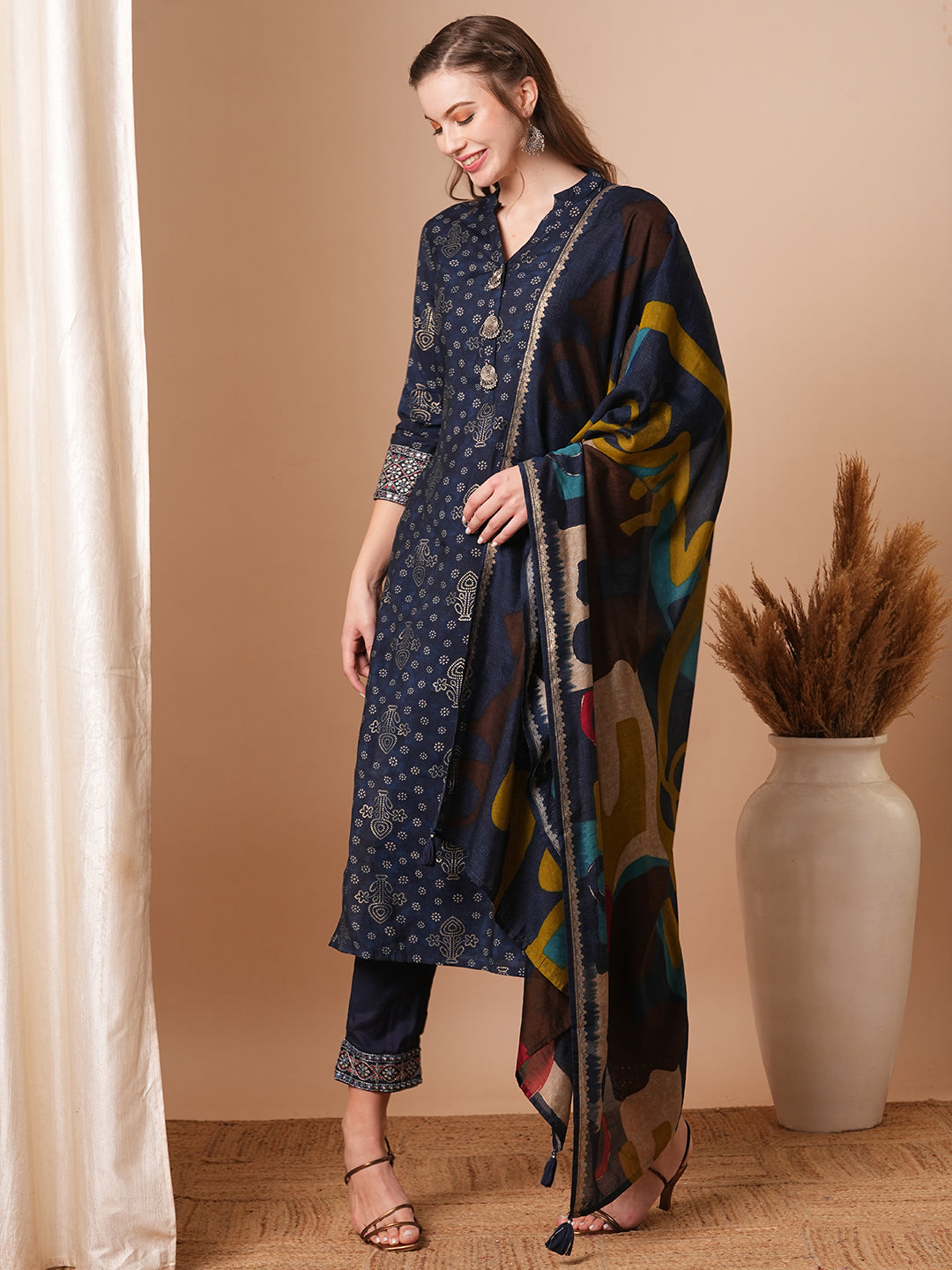 Ethnic Foil Printed & Embroidered Straight Fit Kurta with Pant & Dupatta - Blue