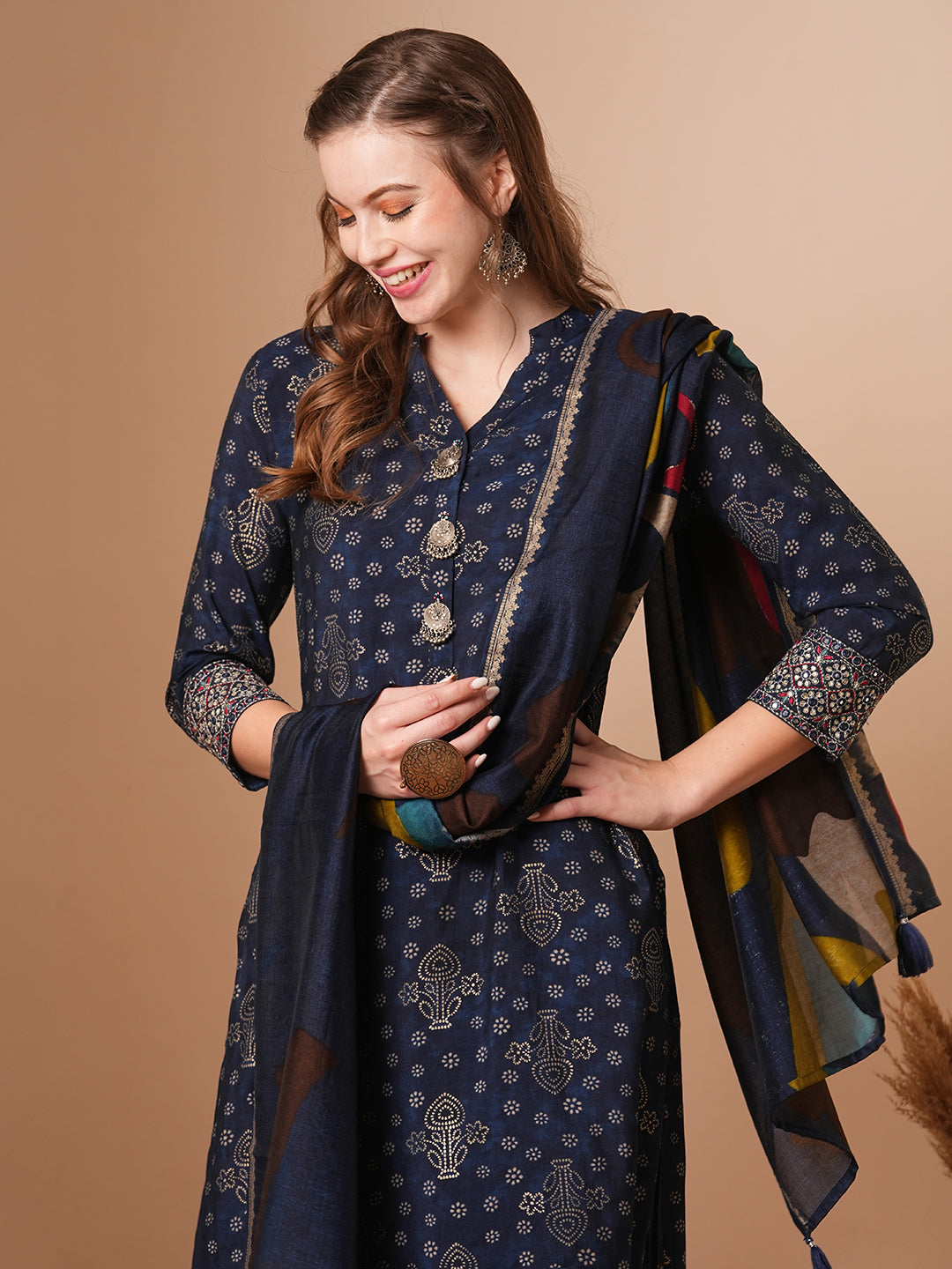 Ethnic Foil Printed & Embroidered Straight Fit Kurta with Pant & Dupatta - Blue