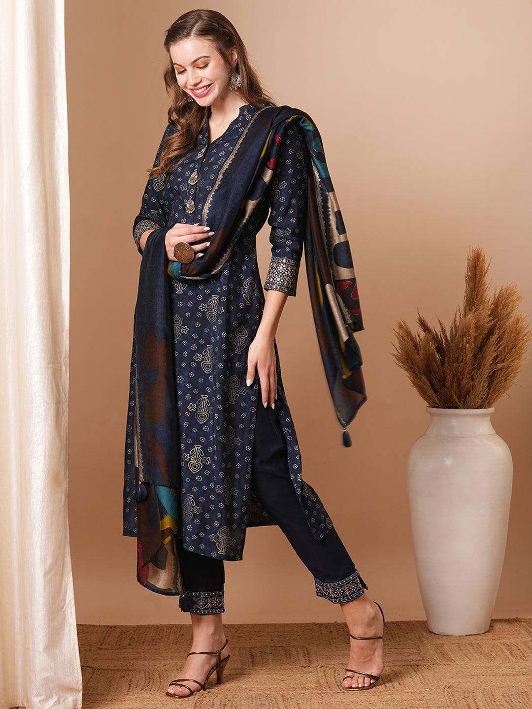 Ethnic Foil Printed & Embroidered Straight Fit Kurta with Pant & Dupatta - Blue