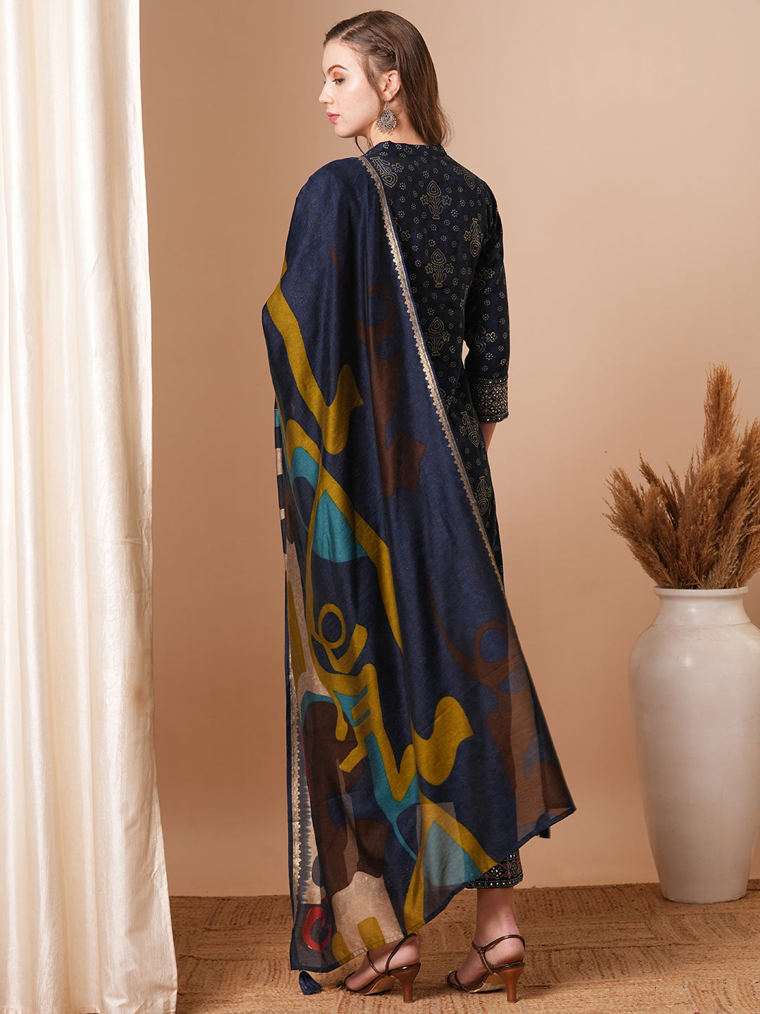 Ethnic Foil Printed & Embroidered Straight Fit Kurta with Pant & Dupatta - Blue