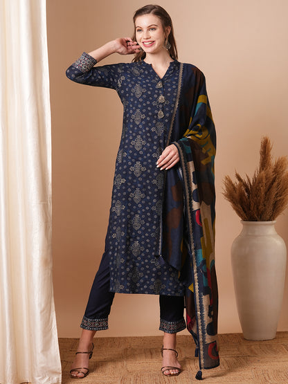 Ethnic Foil Printed & Embroidered Straight Fit Kurta with Pant & Dupatta - Blue