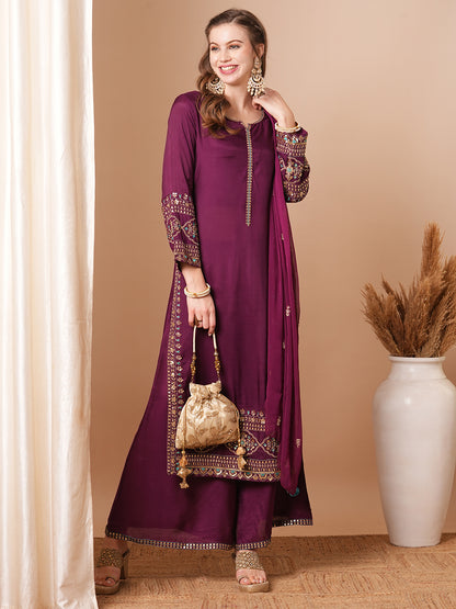 Floral & Embroidered Straight Fit Kurta with Palazzo & Dupatta - Deep Purple