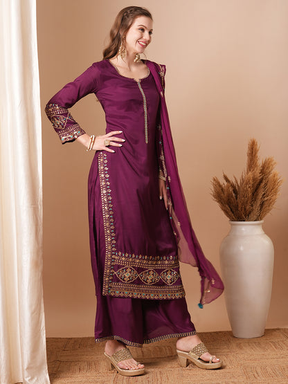 Floral & Embroidered Straight Fit Kurta with Palazzo & Dupatta - Deep Purple