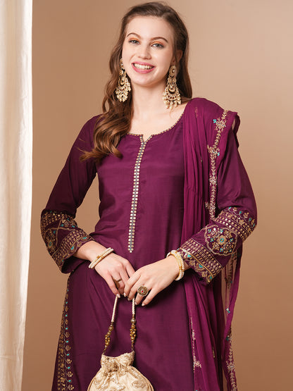 Floral & Embroidered Straight Fit Kurta with Palazzo & Dupatta - Deep Purple