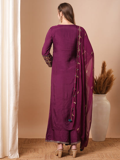 Floral & Embroidered Straight Fit Kurta with Palazzo & Dupatta - Deep Purple