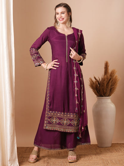 Floral & Embroidered Straight Fit Kurta with Palazzo & Dupatta - Deep Purple