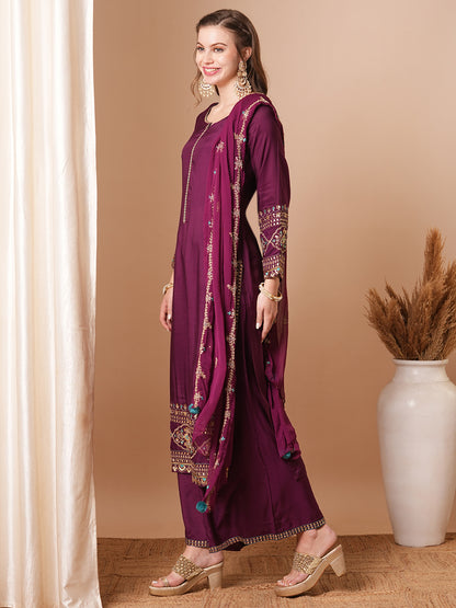 Floral & Embroidered Straight Fit Kurta with Palazzo & Dupatta - Deep Purple