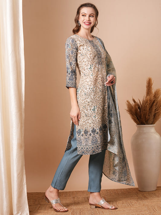 Ethnic Floral Printed & Embroidered Straight Kurta with Pant & Dupatta - Off White