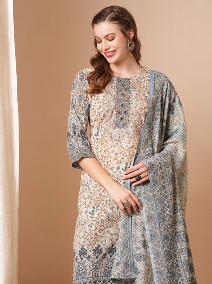 Ethnic Floral Printed & Embroidered Straight Kurta with Pant & Dupatta - Off White