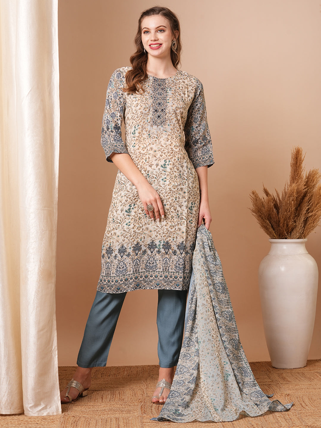 Ethnic Floral Printed & Embroidered Straight Kurta with Pant & Dupatta - Off White