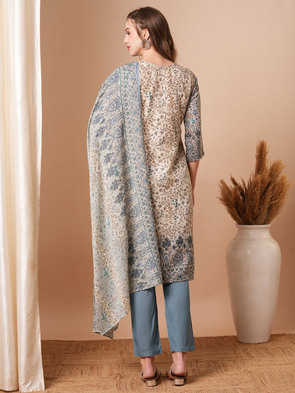 Ethnic Floral Printed & Embroidered Straight Kurta with Pant & Dupatta - Off White