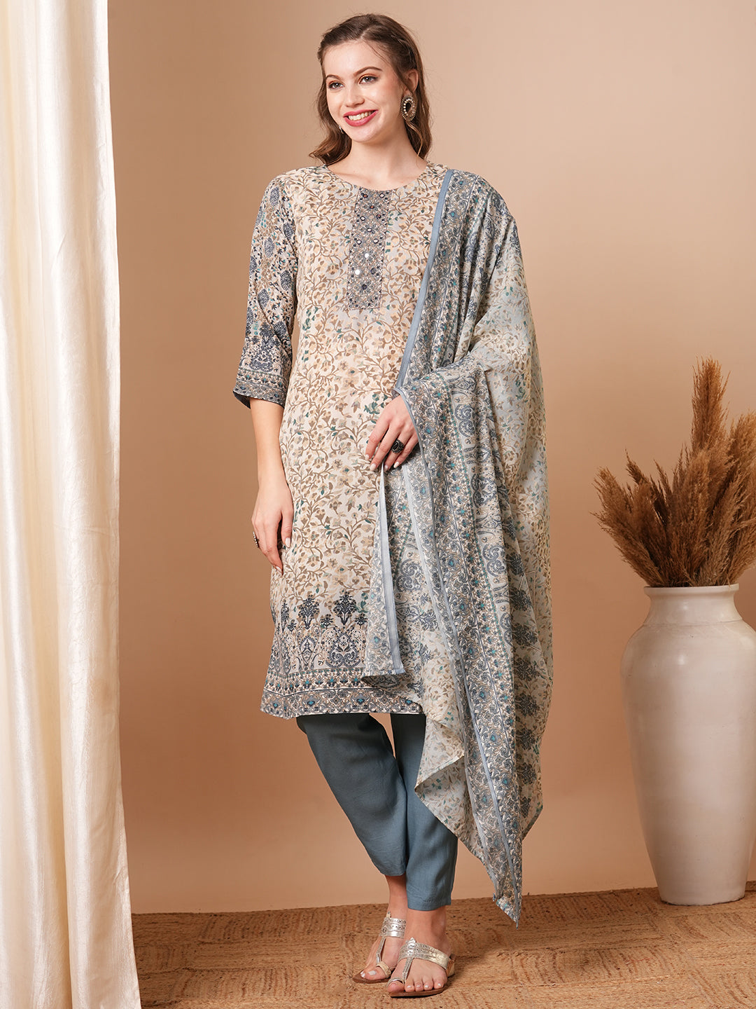 Ethnic Floral Printed & Embroidered Straight Kurta with Pant & Dupatta - Off White