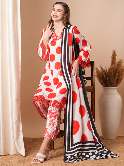 Abstract Polka Dot Printed A-Line Kurta with Pant & Dupatta - Red