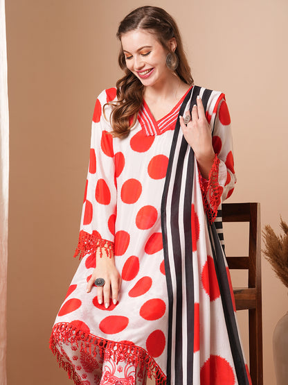 Abstract Polka Dot Printed A-Line Kurta with Pant & Dupatta - Red