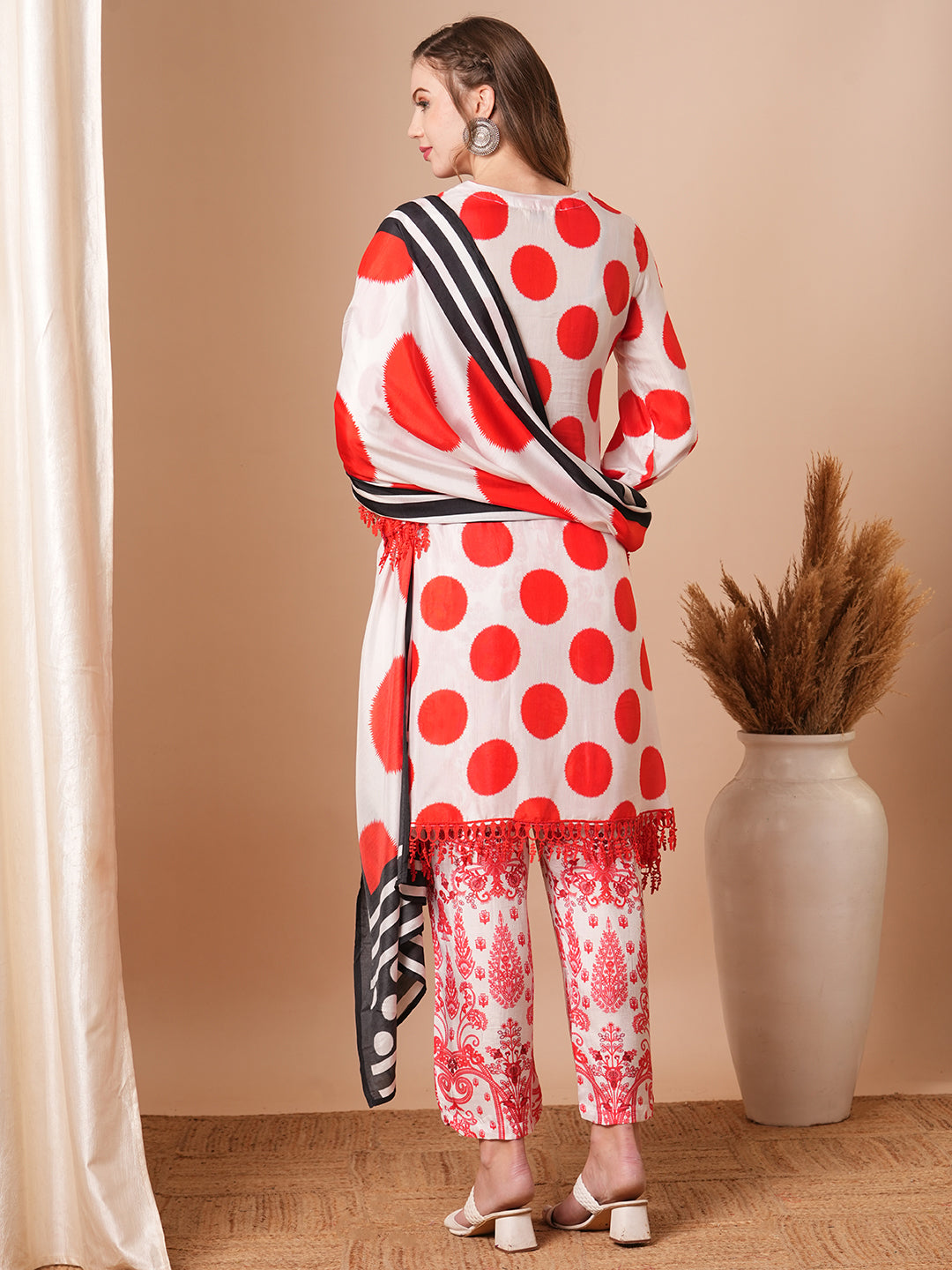 Abstract Polka Dot Printed A-Line Kurta with Pant & Dupatta - Red