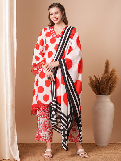 Abstract Polka Dot Printed A-Line Kurta with Pant & Dupatta - Red