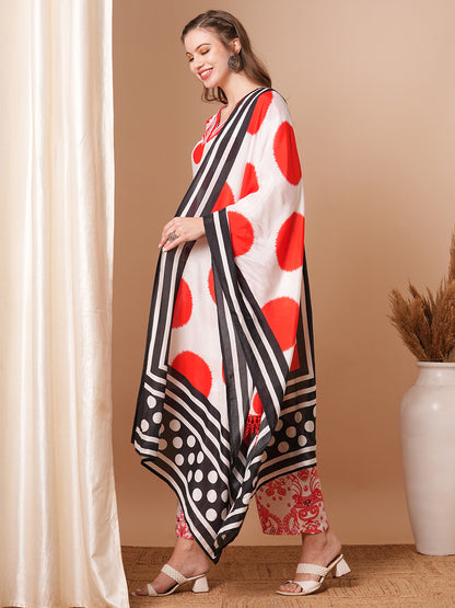 Abstract Polka Dot Printed A-Line Kurta with Pant & Dupatta - Red