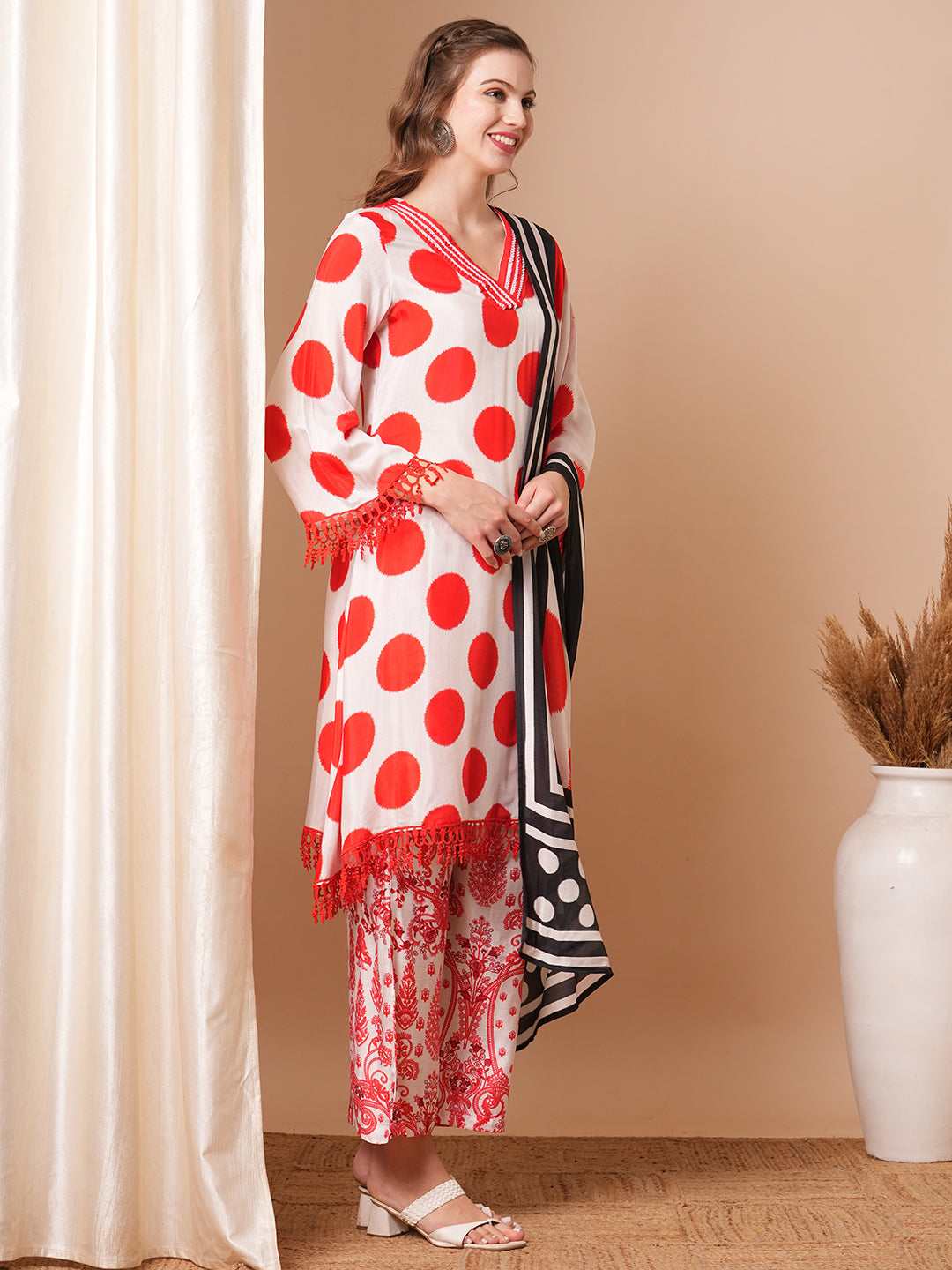 Abstract Polka Dot Printed A-Line Kurta with Pant & Dupatta - Red