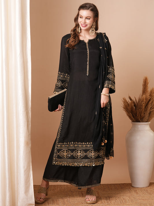 Floral & Embroidered Straight Fit Kurta with Palazzo & Dupatta - Black