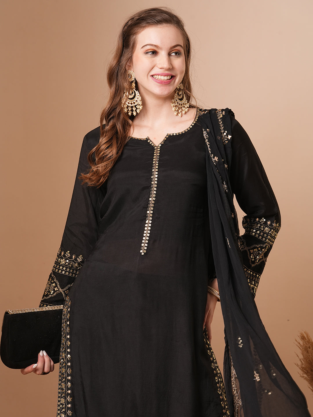 Floral & Embroidered Straight Fit Kurta with Palazzo & Dupatta - Black