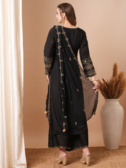 Floral & Embroidered Straight Fit Kurta with Palazzo & Dupatta - Black