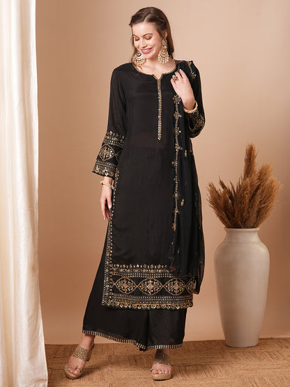 Floral & Embroidered Straight Fit Kurta with Palazzo & Dupatta - Black