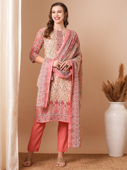 Ethnic Floral Printed & Embroidered Straight Kurta with Pant & Dupatta - Off White