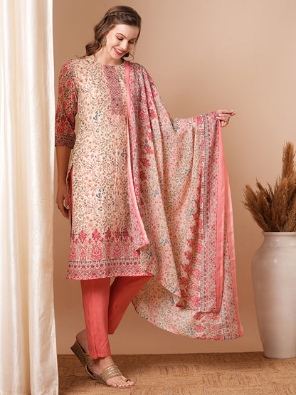 Ethnic Floral Printed & Embroidered Straight Kurta with Pant & Dupatta - Off White