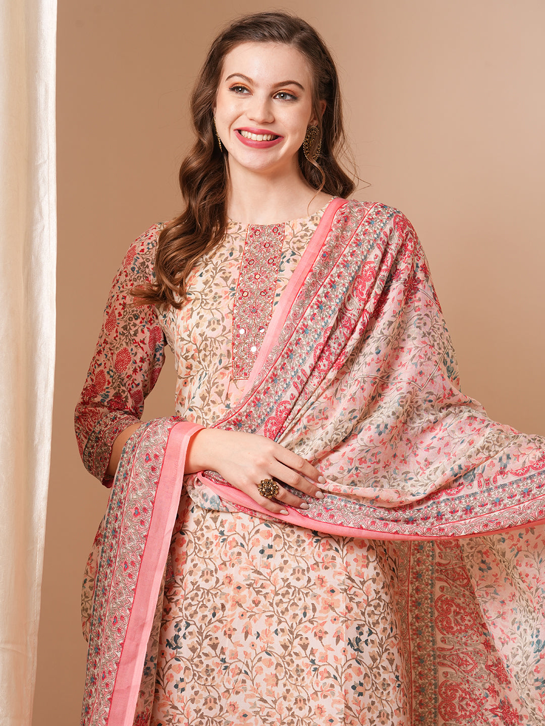 Ethnic Floral Printed & Embroidered Straight Kurta with Pant & Dupatta - Off White