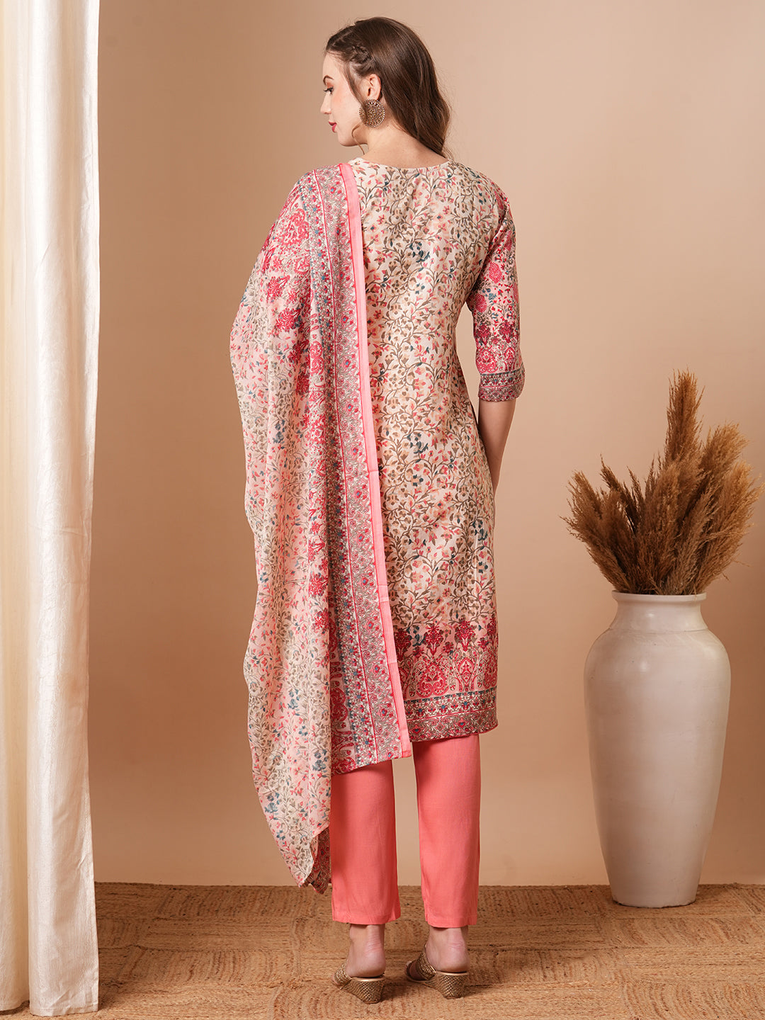 Ethnic Floral Printed & Embroidered Straight Kurta with Pant & Dupatta - Off White