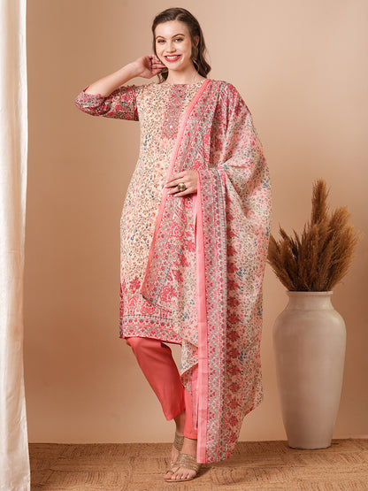 Ethnic Floral Printed & Embroidered Straight Kurta with Pant & Dupatta - Off White