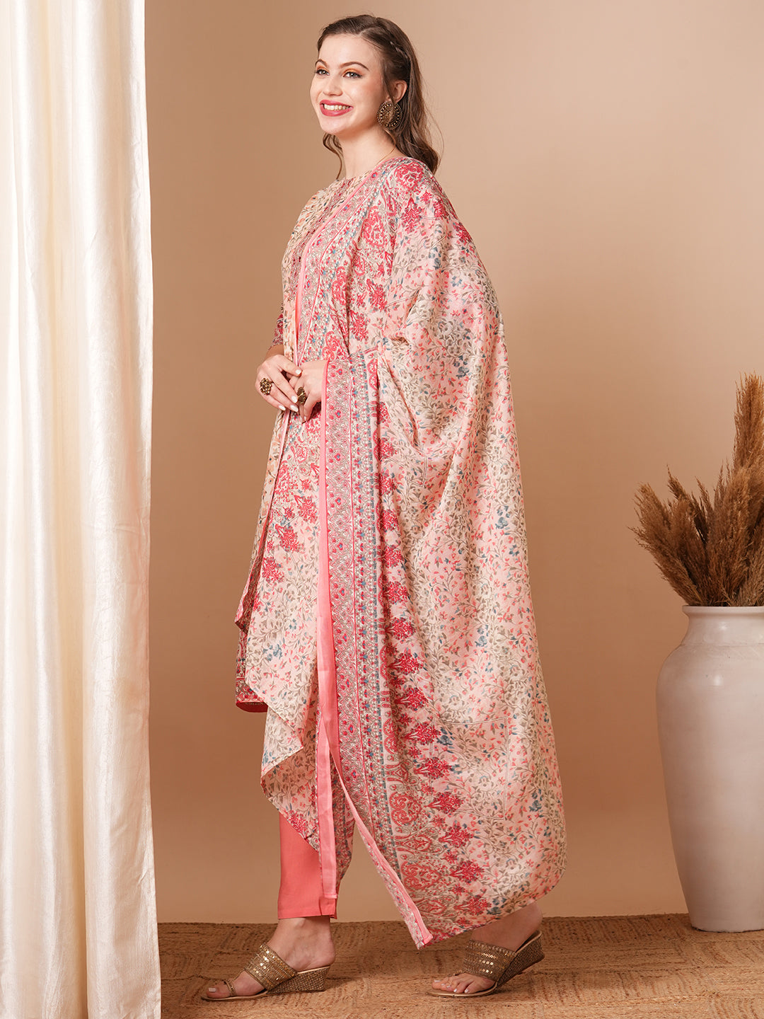 Ethnic Floral Printed & Embroidered Straight Kurta with Pant & Dupatta - Off White