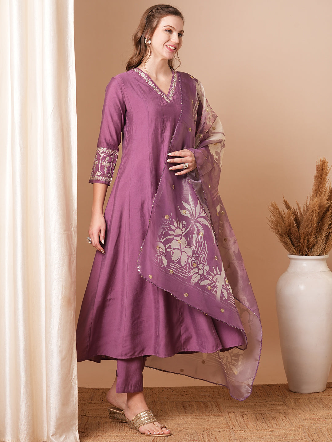 Solid Floral Zari Embroidered Anarkali Kurta with Pant & Tissue Dupatta - Purple