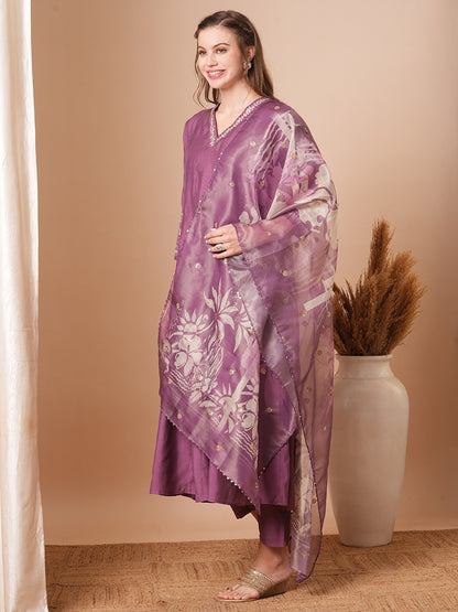 Solid Floral Zari Embroidered Anarkali Kurta with Pant & Tissue Dupatta - Purple