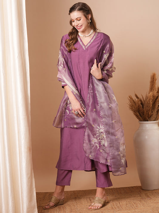 Solid Floral Zari Embroidered Anarkali Kurta with Pant & Tissue Dupatta - Purple