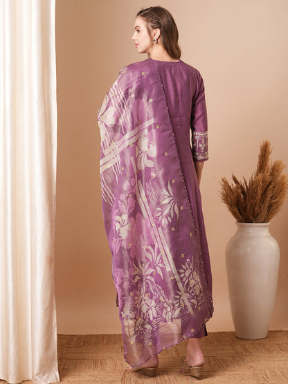 Solid Floral Zari Embroidered Anarkali Kurta with Pant & Tissue Dupatta - Purple