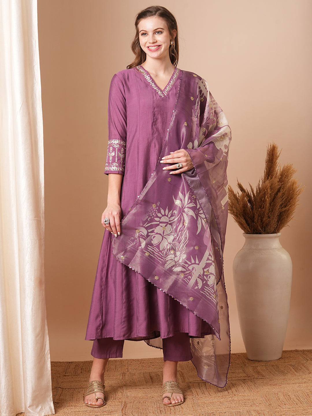 Solid Floral Zari Embroidered Anarkali Kurta with Pant & Tissue Dupatta - Purple