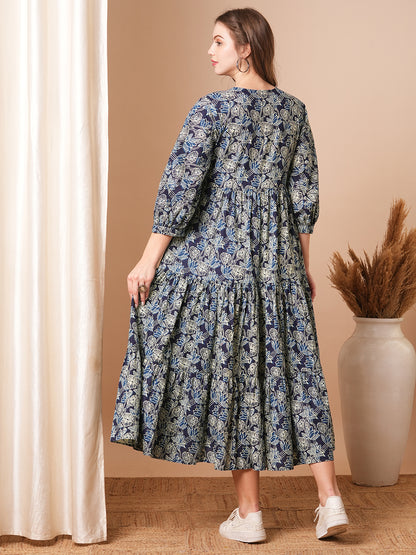 Abstract Floral Printed A-Line Pleated Tiered Flared Maxi Dress - Blue