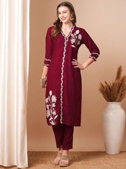 Solid Floral Embroidered Straight Fit Co-ord Set - Maroon